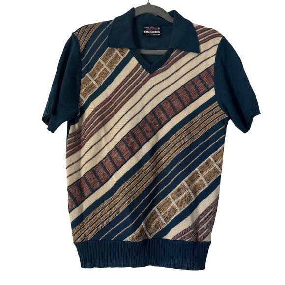 Vintage Dimension by Milford Mens Teal Brown Knit Sweater SS Polo Top USA Size M - Picture 1 of 8